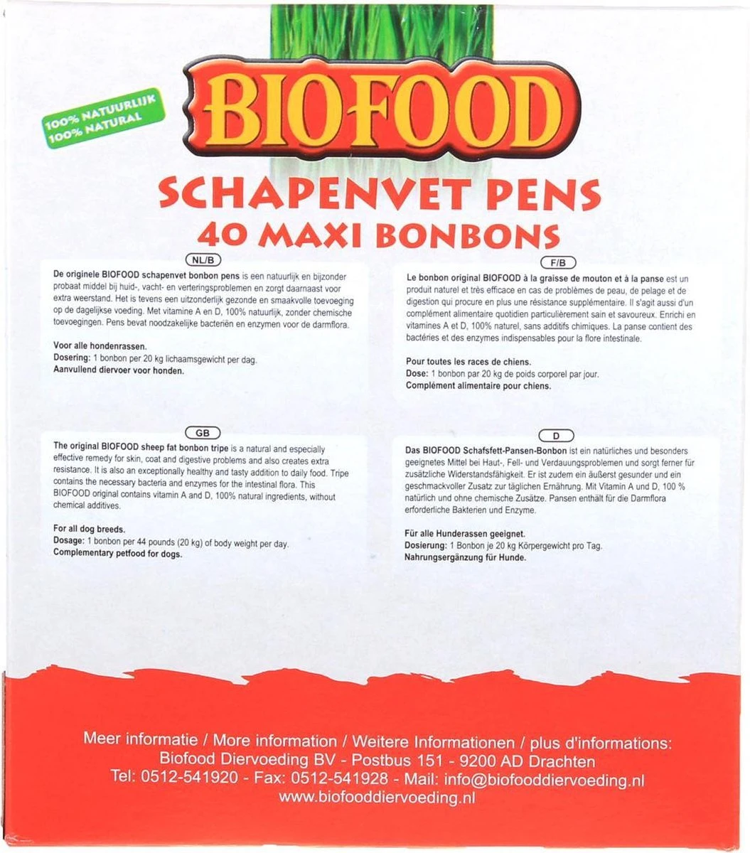 Biofood BF Petfood Schapenvet Bonbons Pens 40 Stuks 2 Biofood BF Petfood Schapenvet Bonbons Pens 40 Stuks - Afbeelding 2