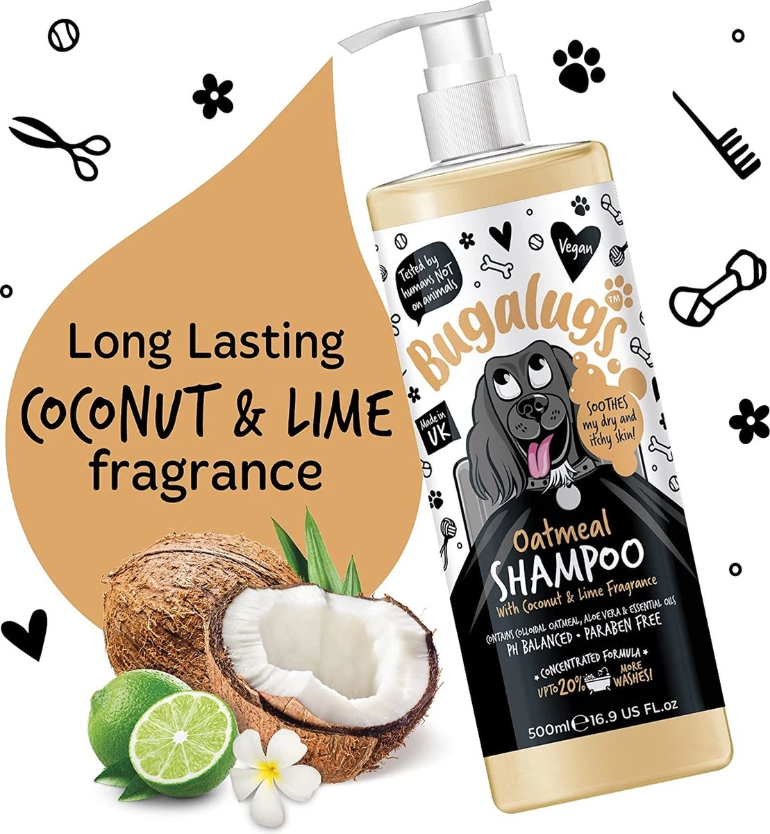 Bugalugs - Hondenshampoo Oatmeal - Met Kokos En Limoen Geur - Alle Vachttypes - Fles Met Pompje - Vegan - 500 Ml 3 Bugalugs - Hondenshampoo Oatmeal - Met Kokos En Limoen Geur - Alle Vachttypes - Fles Met Pompje - Vegan - 500 Ml - Afbeelding 3