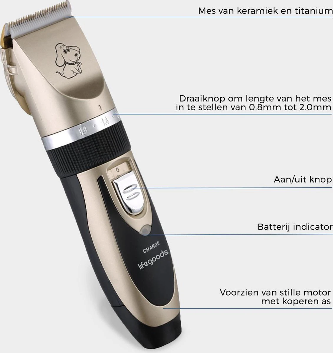 LifeGoods Hondentondeuse - Voor Katten En Honden - Complete Set - 5 Standen - Draadloos - Oplaadbaar - Goud/Zwart 8 LifeGoods Hondentondeuse - Voor Katten En Honden - Complete Set - 5 Standen - Draadloos - Oplaadbaar - Goud/Zwart - Afbeelding 8