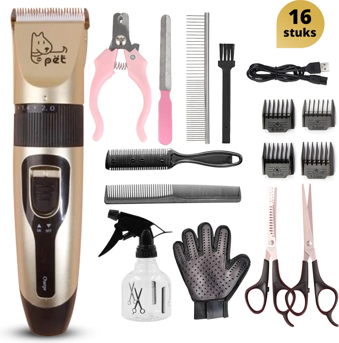 BeautyFit - 16-delig Hondentondeuse Set - Professionele Honden Trimset - Dieren Tondeuse Voor Dikke Vacht - Meest Complete Set - Inclusief 4 Opzetkammen - Hondenschaar - Mist Verstuiver - Handschoen Borstel - Nagelknipper 1 BeautyFit - 16-delig Hondentondeuse Set - Professionele Honden Trimset - Dieren Tondeuse Voor Dikke Vacht - Meest Complete Set - Inclusief 4 Opzetkammen - Hondenschaar - Mist Verstuiver - Handschoen Borstel - Nagelknipper