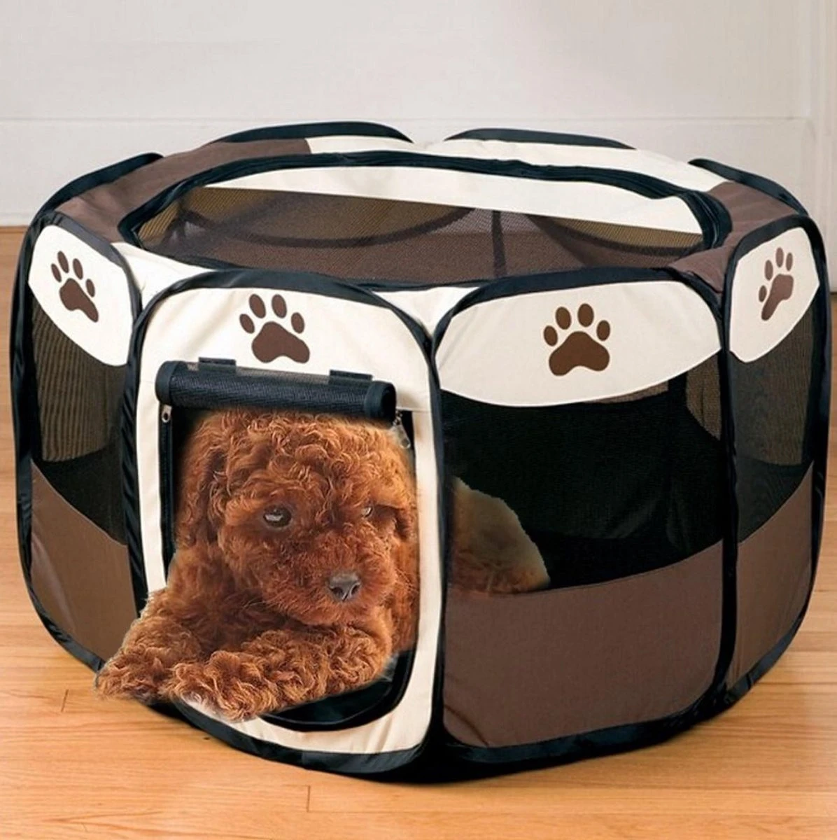 Opvouwbare Puppyren Bruin 90x90x60cm - Puppytent - Dogs&Co 4 Opvouwbare Puppyren Bruin 90x90x60cm - Puppytent - Dogs&Co - Afbeelding 4