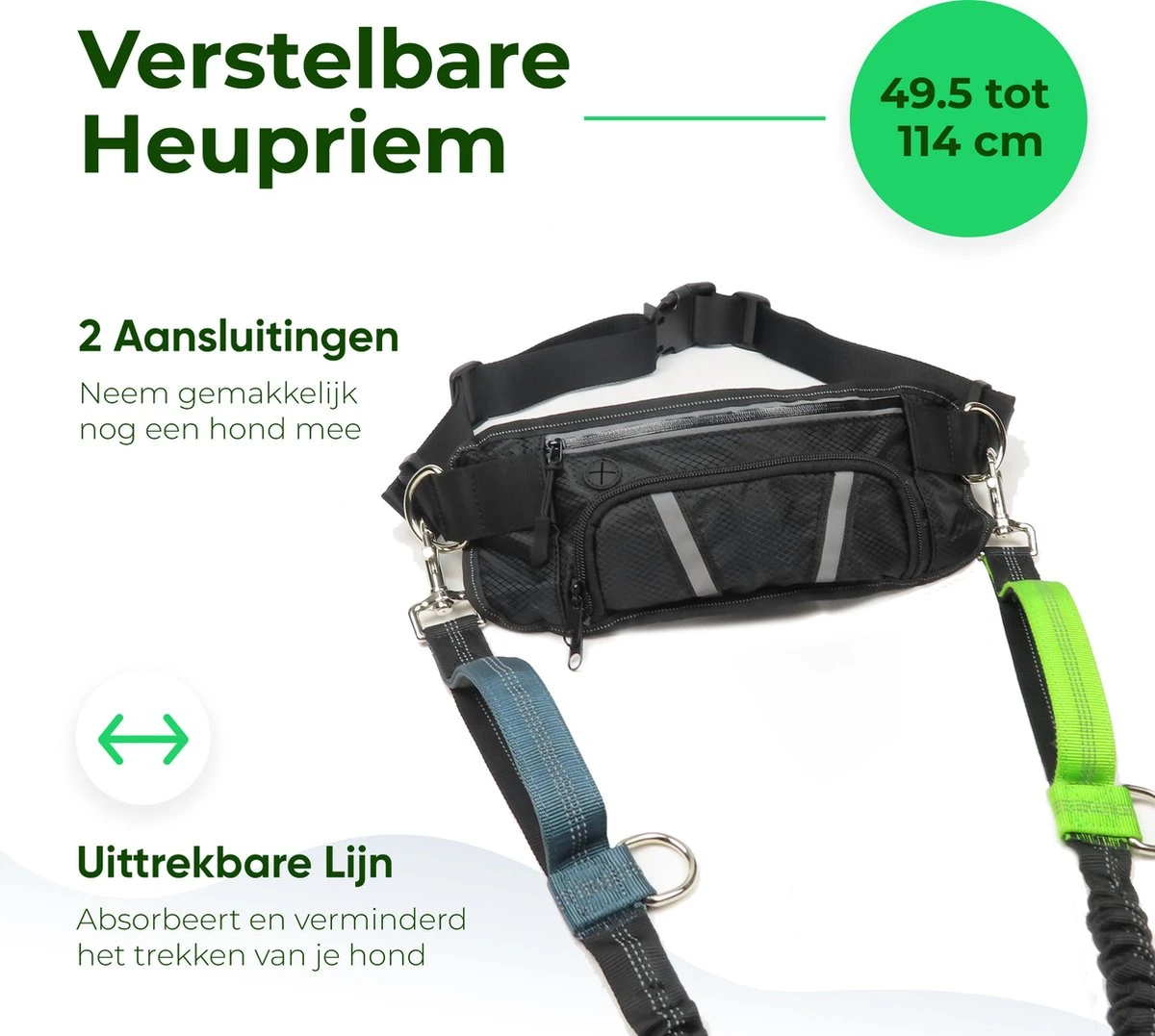 Canicross Looplijn Hond Met Heupriem Voor Hardlopen - Elastische Handsfree Hondenriem - Honden Trainingslijn - 150/200cm - Groen 3 Canicross Looplijn Hond Met Heupriem Voor Hardlopen - Elastische Handsfree Hondenriem - Honden Trainingslijn - 150/200cm - Groen - Afbeelding 3