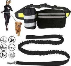 Looplijn Met Heupriem Hands Free - Hondenriem - Reflecterende Hardloopband -Elastische Leiband - Heuptas En Flessenhouder - Zwart - 150 Cm Tot 210 Cm