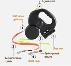 Dubbele Honden Riem – Leiband Hond – Hondenlijn – Looplijn Hond – 2 Honden – 3 Meter – Tot 12kg Per Hond – Reflecterende Lijnen – Met Zaklamp – 360° Draaien – Verstelbaar - Zwart -Hondenbenodigdheden Korting 1200x1111 5