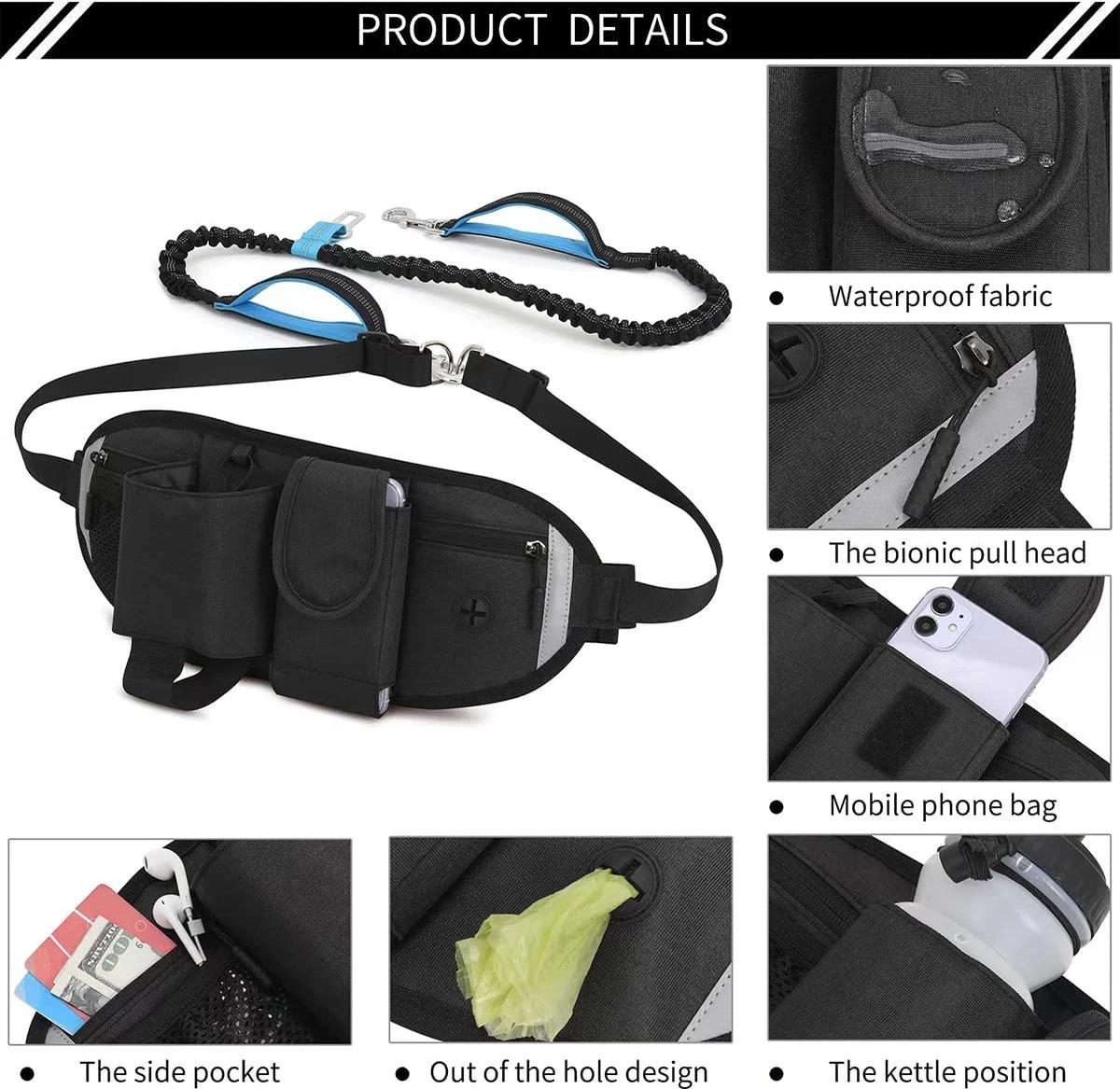 BOTC Looplijn Hond Met Heupriem Voor Hardlopen - Met Drinkbak Hond - Hondenriem - 1 Roll Poep Zakjes - Zwart 2 BOTC Looplijn Hond Met Heupriem Voor Hardlopen - Met Drinkbak Hond - Hondenriem - 1 Roll Poep Zakjes - Zwart - Afbeelding 2