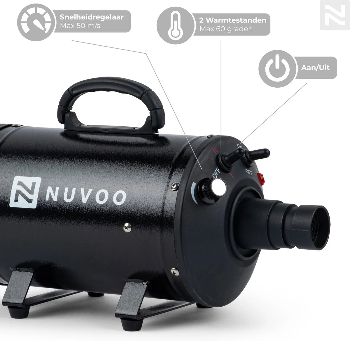Nuvoo Professionele Hondenföhn / Waterblazer / Hondenborstel Met 3 Opzetstukken - Verstelbare Vermogen Tot 2200W - Warme / Koude Stand - Zwart 3 Nuvoo Professionele Hondenföhn / Waterblazer / Hondenborstel Met 3 Opzetstukken - Verstelbare Vermogen Tot 2200W - Warme / Koude Stand - Zwart - Afbeelding 3
