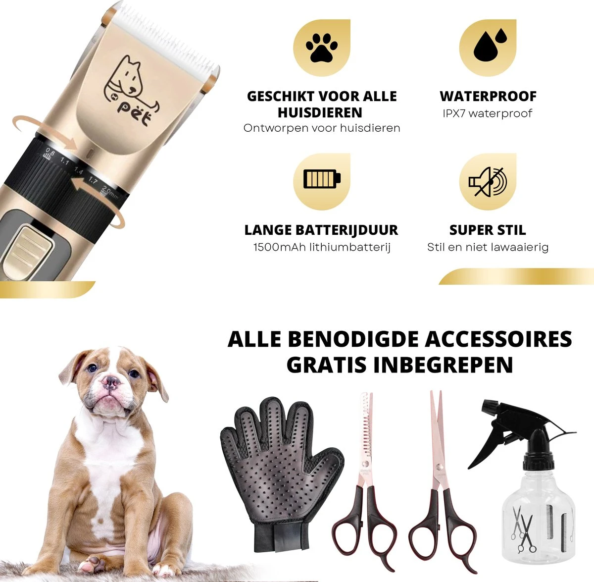 BeautyFit - 16-delig Hondentondeuse Set - Professionele Honden Trimset - Dieren Tondeuse Voor Dikke Vacht - Meest Complete Set - Inclusief 4 Opzetkammen - Hondenschaar - Mist Verstuiver - Handschoen Borstel - Nagelknipper 3 BeautyFit - 16-delig Hondentondeuse Set - Professionele Honden Trimset - Dieren Tondeuse Voor Dikke Vacht - Meest Complete Set - Inclusief 4 Opzetkammen - Hondenschaar - Mist Verstuiver - Handschoen Borstel - Nagelknipper - Afbeelding 3