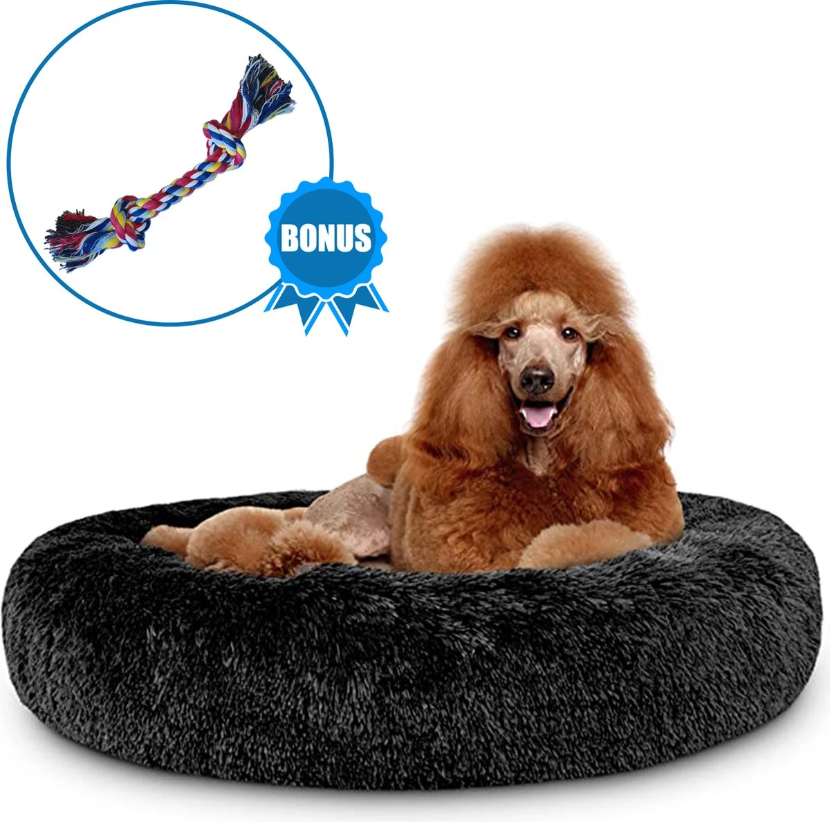 Pawzle Hondenmand - Donut Hondenkussen - Kattenmand - Bed Voor Honden & Katten - Wasbaar - 120cm - Zwart 1 Pawzle Hondenmand - Donut Hondenkussen - Kattenmand - Bed Voor Honden & Katten - Wasbaar - 120cm - Zwart