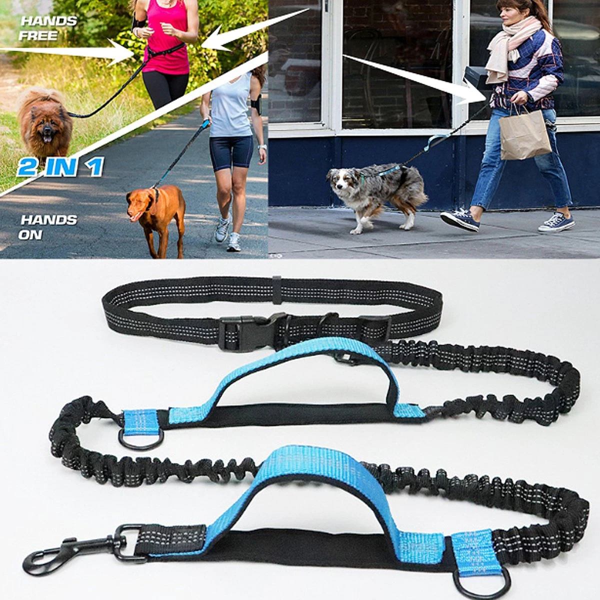 Merkloos Allernieuwste® Elastische Hondenriem 2-in-1 HANDSFREE Voor Hardlopen Shoppen En Wandelen - Honden Riem 160/260 Cm - Blauw Zwart 2 Merkloos Allernieuwste® Elastische Hondenriem 2-in-1 HANDSFREE Voor Hardlopen Shoppen En Wandelen - Honden Riem 160/260 Cm - Blauw Zwart - Afbeelding 2
