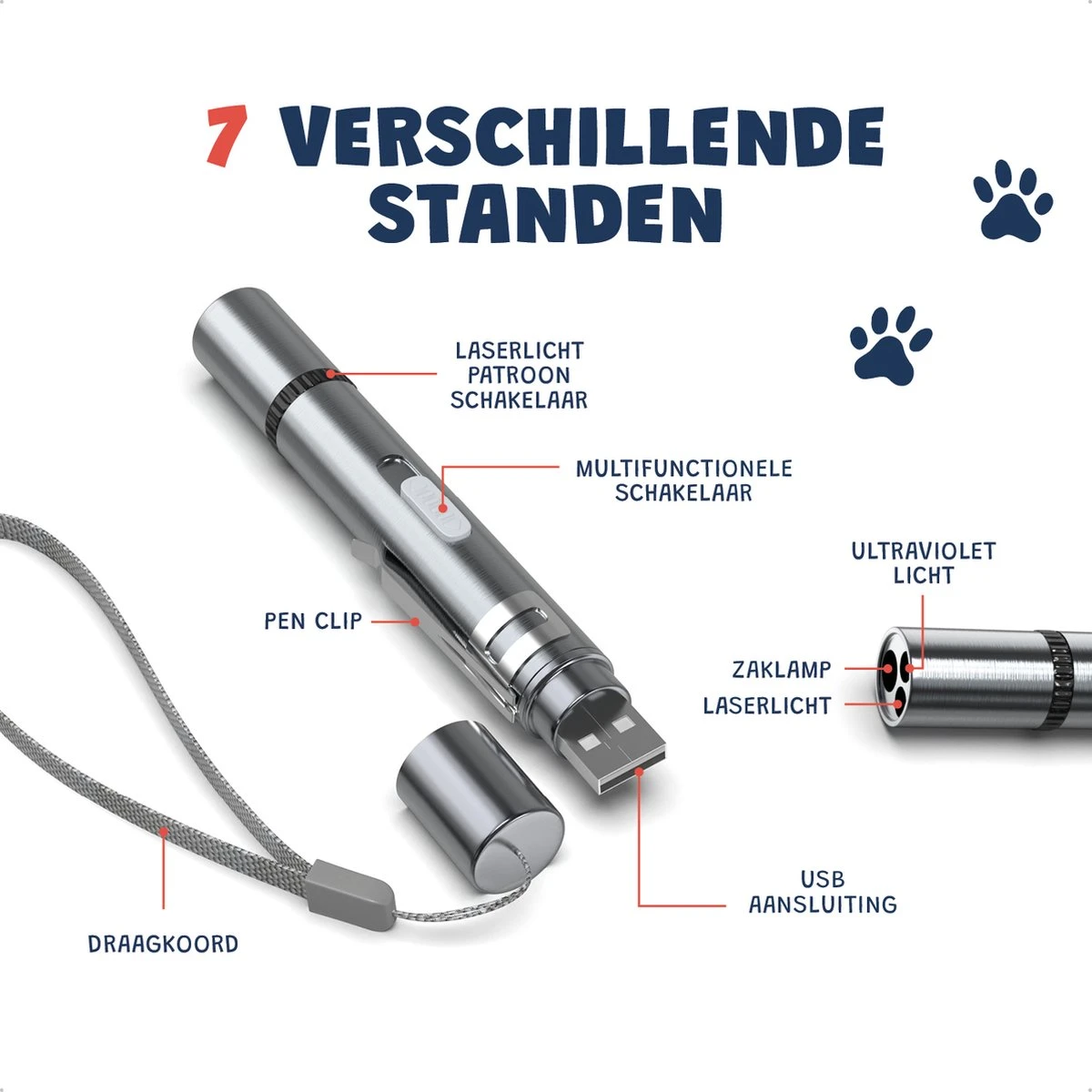 Laserpen - USB Oplaadbaar - Kattenspeeltjes - 7 Verschillende Standen - Laserlampje - RVS Zilver - Laser Pointer 4 Laserpen - USB Oplaadbaar - Kattenspeeltjes - 7 Verschillende Standen - Laserlampje - RVS Zilver - Laser Pointer - Afbeelding 4