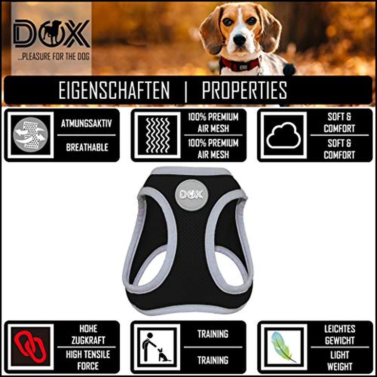 DDOXX Borstharnas Air Mesh, Step-In, Reflecterend | Vele Kleuren | Voor Kleine, Middelgrote En Middelgrote Honden | Hondenharnas Hond Kat Puppy | Kattenharnas Puppy Harnas | Zwart, M 5 DDOXX Borstharnas Air Mesh, Step-In, Reflecterend | Vele Kleuren | Voor Kleine, Middelgrote En Middelgrote Honden | Hondenharnas Hond Kat Puppy | Kattenharnas Puppy Harnas | Zwart, M - Afbeelding 5