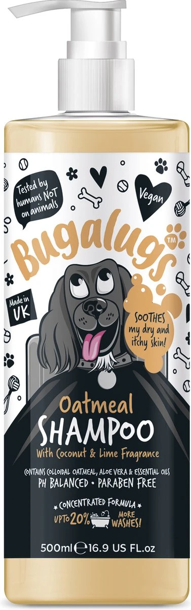 Bugalugs - Hondenshampoo Oatmeal - Met Kokos En Limoen Geur - Alle Vachttypes - Fles Met Pompje - Vegan - 500 Ml 1 Bugalugs - Hondenshampoo Oatmeal - Met Kokos En Limoen Geur - Alle Vachttypes - Fles Met Pompje - Vegan - 500 Ml